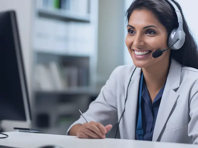Woman with a headset and microphone smiling and looking at a computer screen