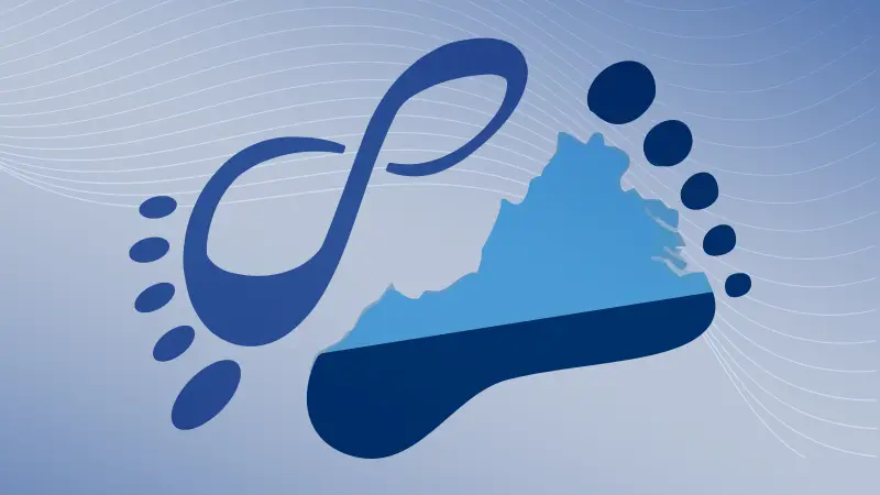 The SynergyHealth foot icon and a foot with the state of Virginia inside facing opposite directions